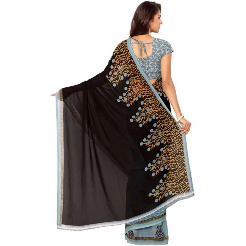 Women's Faux Georgette Printed Saree With Unstitched Blouse 5.5Mtr (Brown)