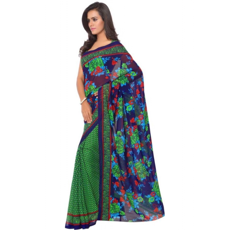 Women's Faux Georgette Printed Saree With Unstitched Blouse 5.5Mtr (Green)