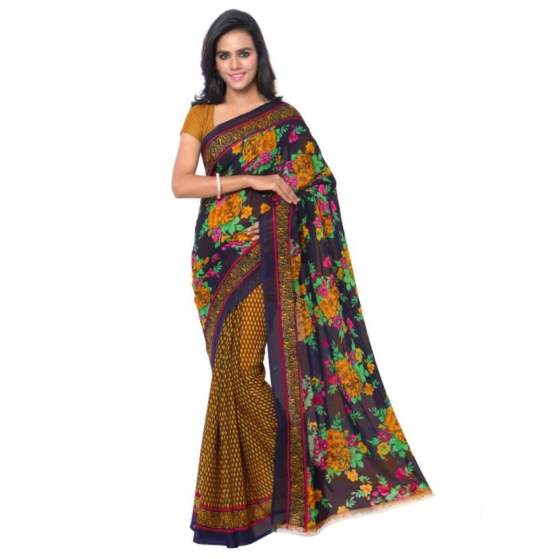 Women's Faux Georgette Printed Saree With Unstitched Blouse 5.5Mtr (Gold)