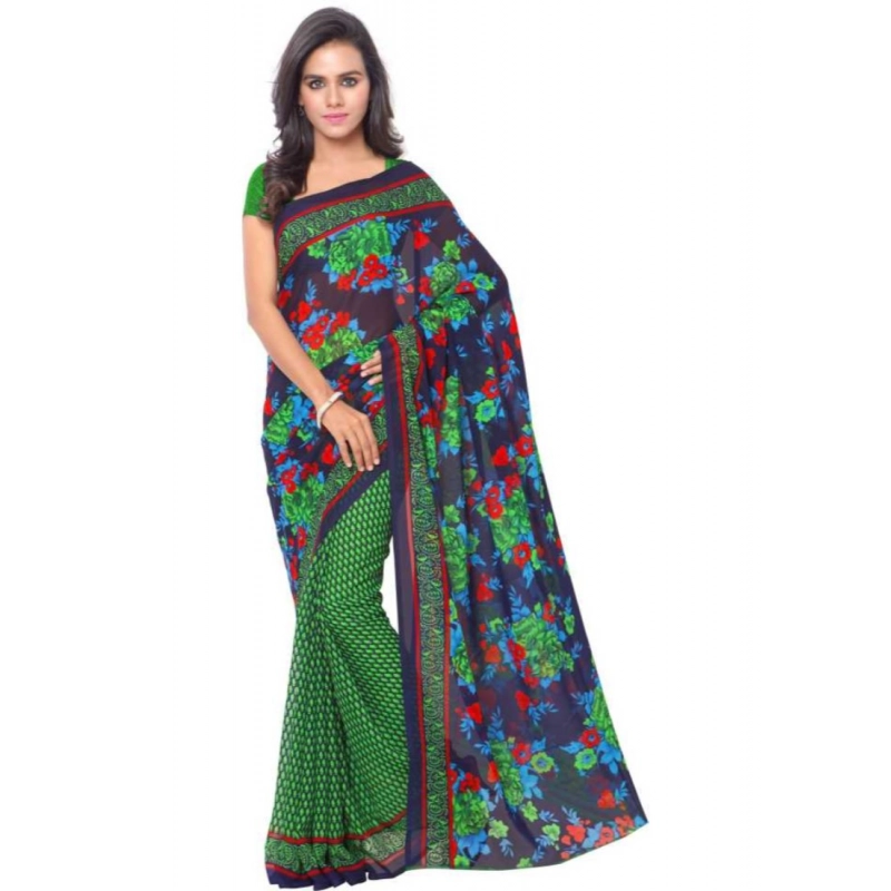 Women's Faux Georgette Printed Saree With Unstitched Blouse 5.5Mtr (Green)