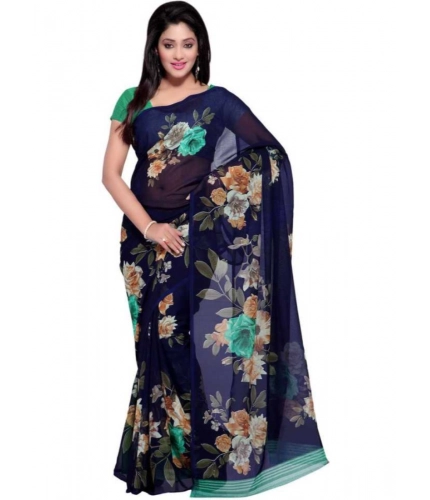 Generic Women's Faux Georgette Printed Saree With Unstitched Blouse 5.5Mtr (Blue)