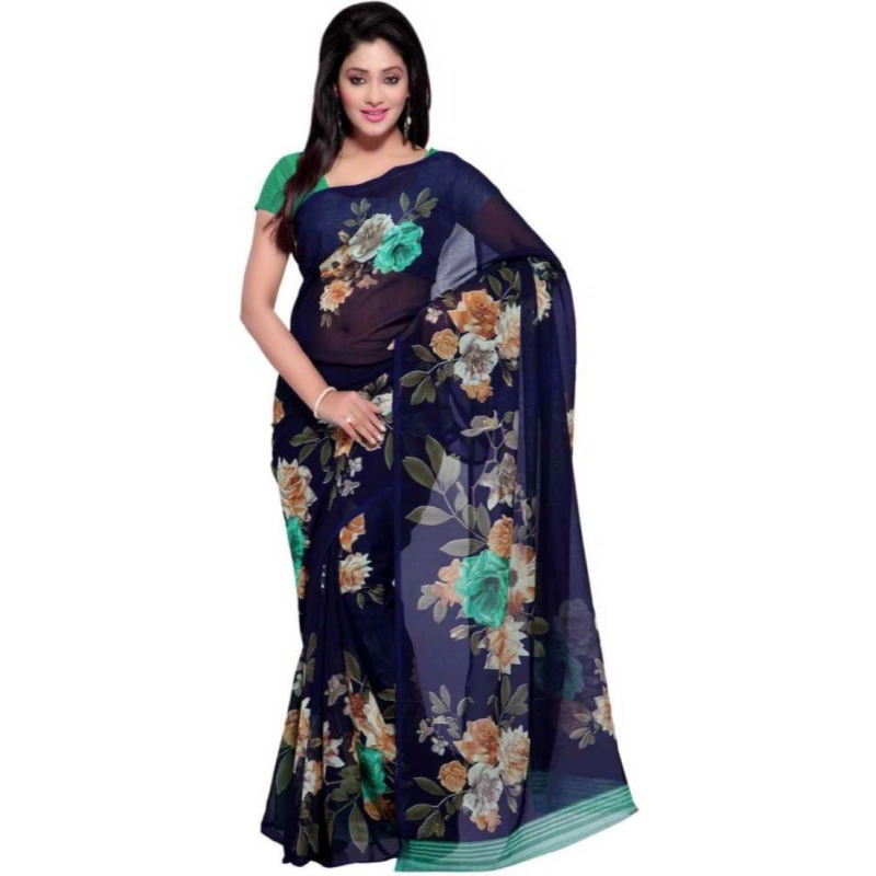 Women's Faux Georgette Printed Saree With Unstitched Blouse 5.5Mtr (Blue)