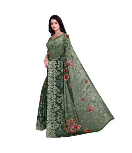 Generic Women's Faux Georgette Printed Saree With Unstitched Blouse 5.5Mtr (Green)