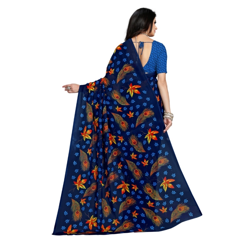 Women's Faux Georgette Printed Saree With Unstitched Blouse 5.5Mtr (Blue)
