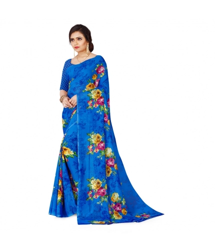 Generic Women's Faux Georgette Printed Saree With Unstitched Blouse 5.5Mtr (Blue)