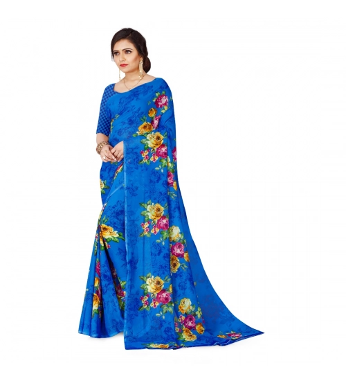 Generic Women's Faux Georgette Printed Saree With Unstitched Blouse 5.5Mtr (Blue)