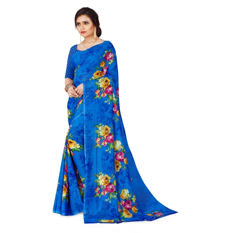 Women's Faux Georgette Printed Saree With Unstitched Blouse 5.5Mtr (Blue)