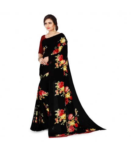 Generic Women's Faux Georgette Printed Saree With Unstitched Blouse 5.5Mtr (Black)