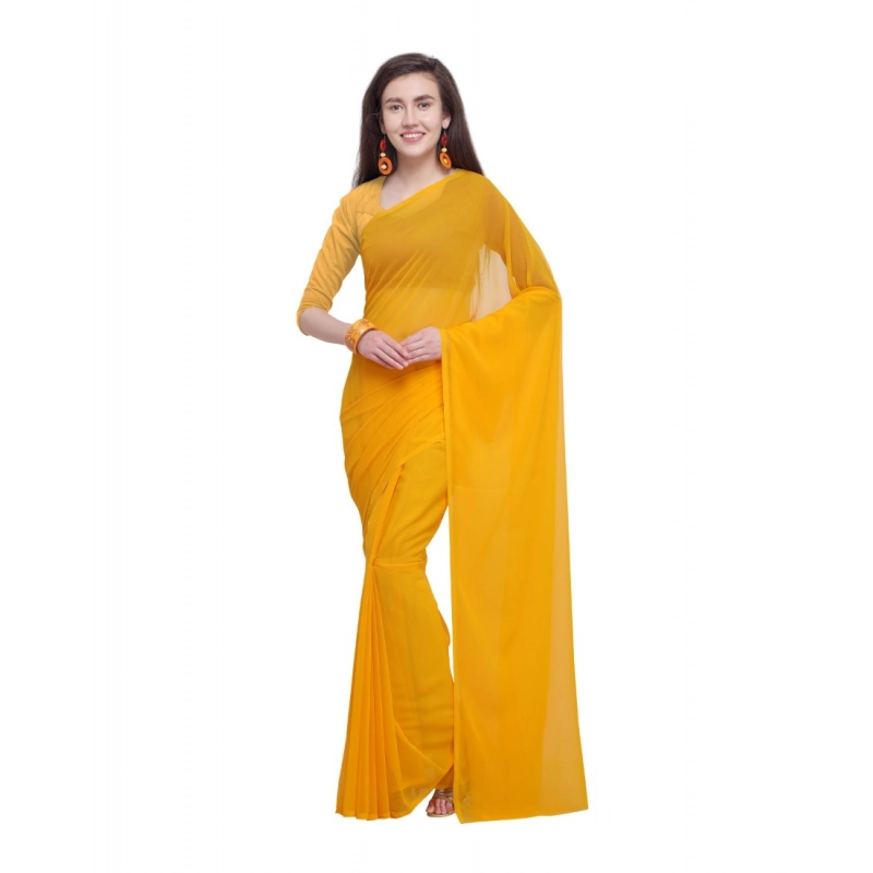 Women's Dyed Solid Saree With Unstitched Blouse 5.5Mtr (Yellow)
