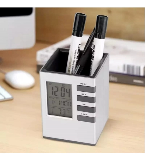 Generic Plastic Pen Holder With LCD Display Digital Alarm Clock 
