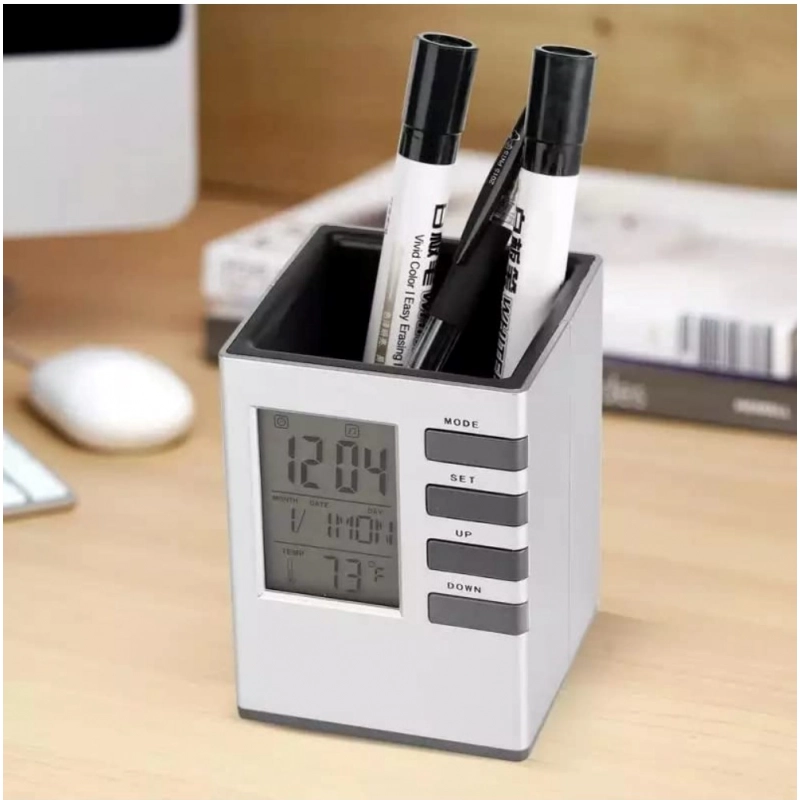 Plastic Pen Holder With LCD Display Digital Alarm Clock 