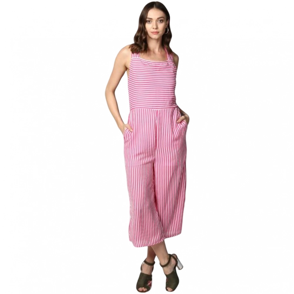 Generic Women's Polyester Striped Sleeveless Jumpsuit (Pink) Generic Women's Polyester Striped Sleeveless Jumpsuit (Pink)