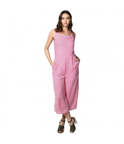 Generic Women's Polyester Striped Sleeveless Jumpsuit (Pink)