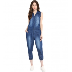 Generic Women's Denim Solid Sleeveless Jumpsuit (Blue)