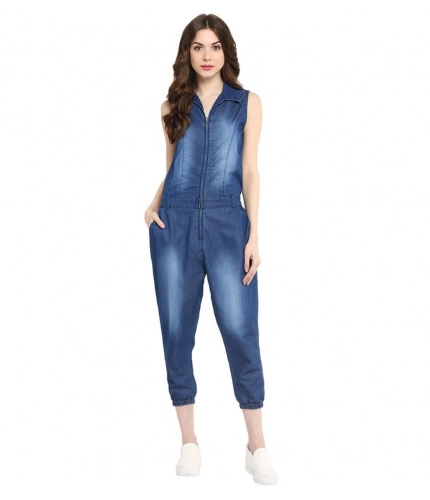 Generic Women's Denim Solid Sleeveless Jumpsuit (Blue)