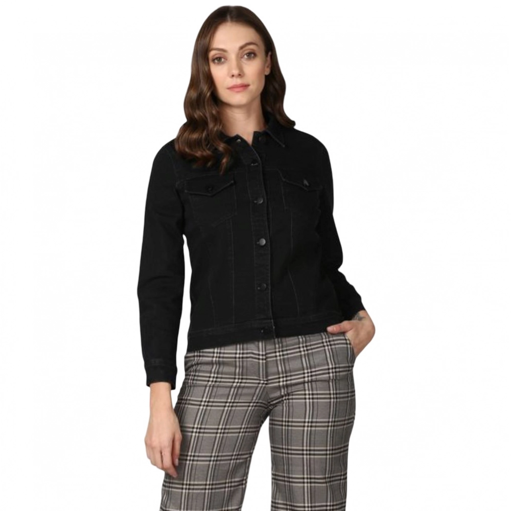 Generic Women's Denim Solid Long Sleeve Jacket (Black) Generic Women's Denim Solid Long Sleeve Jacket (Black)