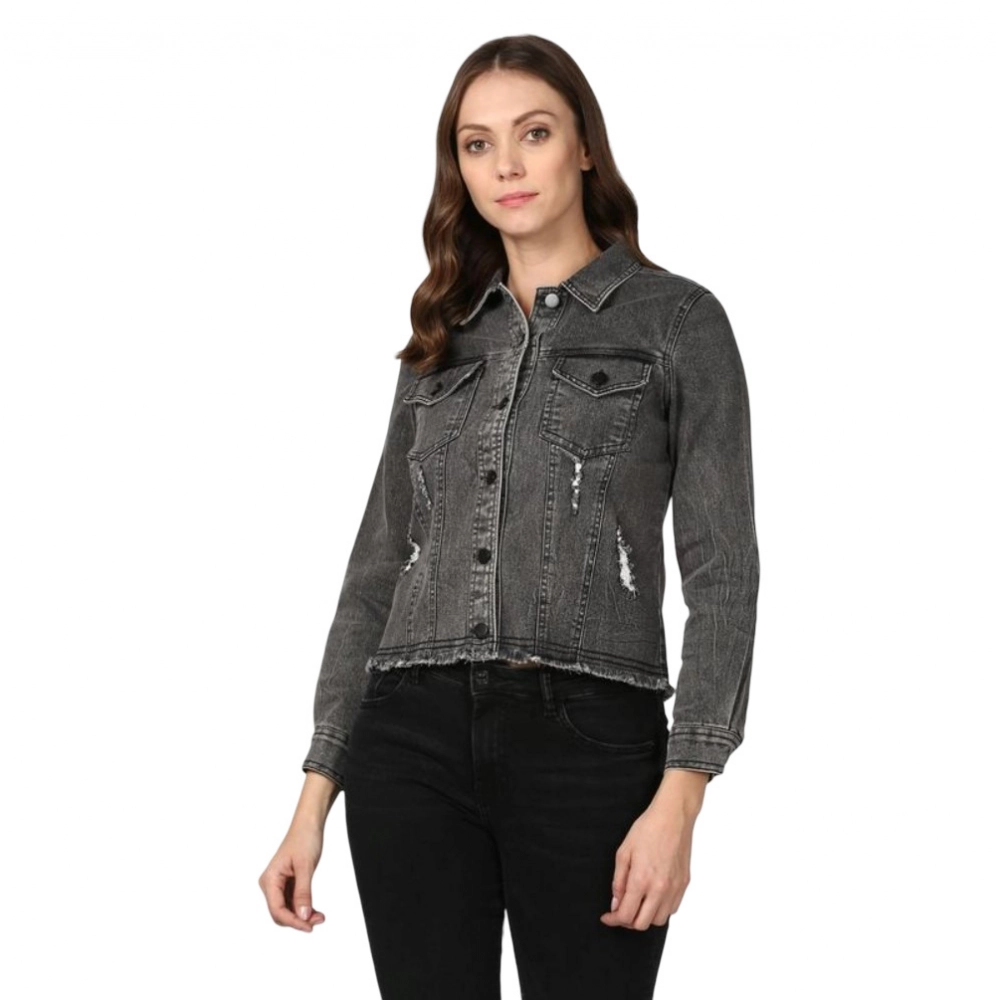 Generic Women's Denim Distressed Long Sleeve Jacket (Black) Generic Women's Denim Distressed Long Sleeve Jacket (Black)