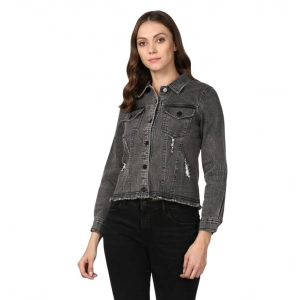 Generic Women's Denim Distressed Long Sleeve Jacket (Black)