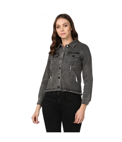Generic Women's Denim Distressed Long Sleeve Jacket (Black)
