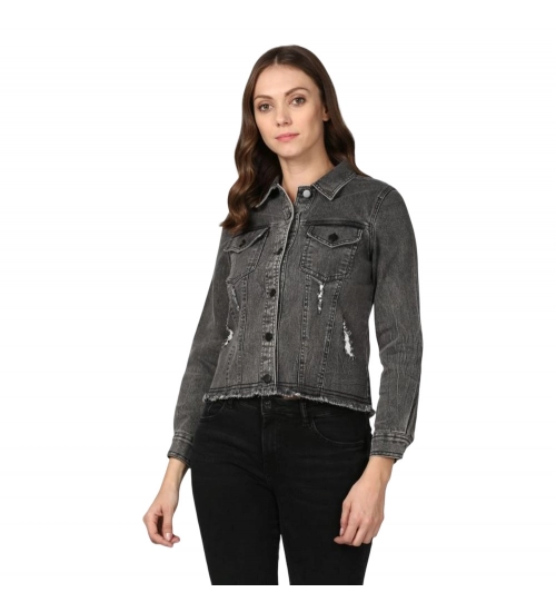 Generic Women's Denim Distressed Long Sleeve Jacket (Black)
