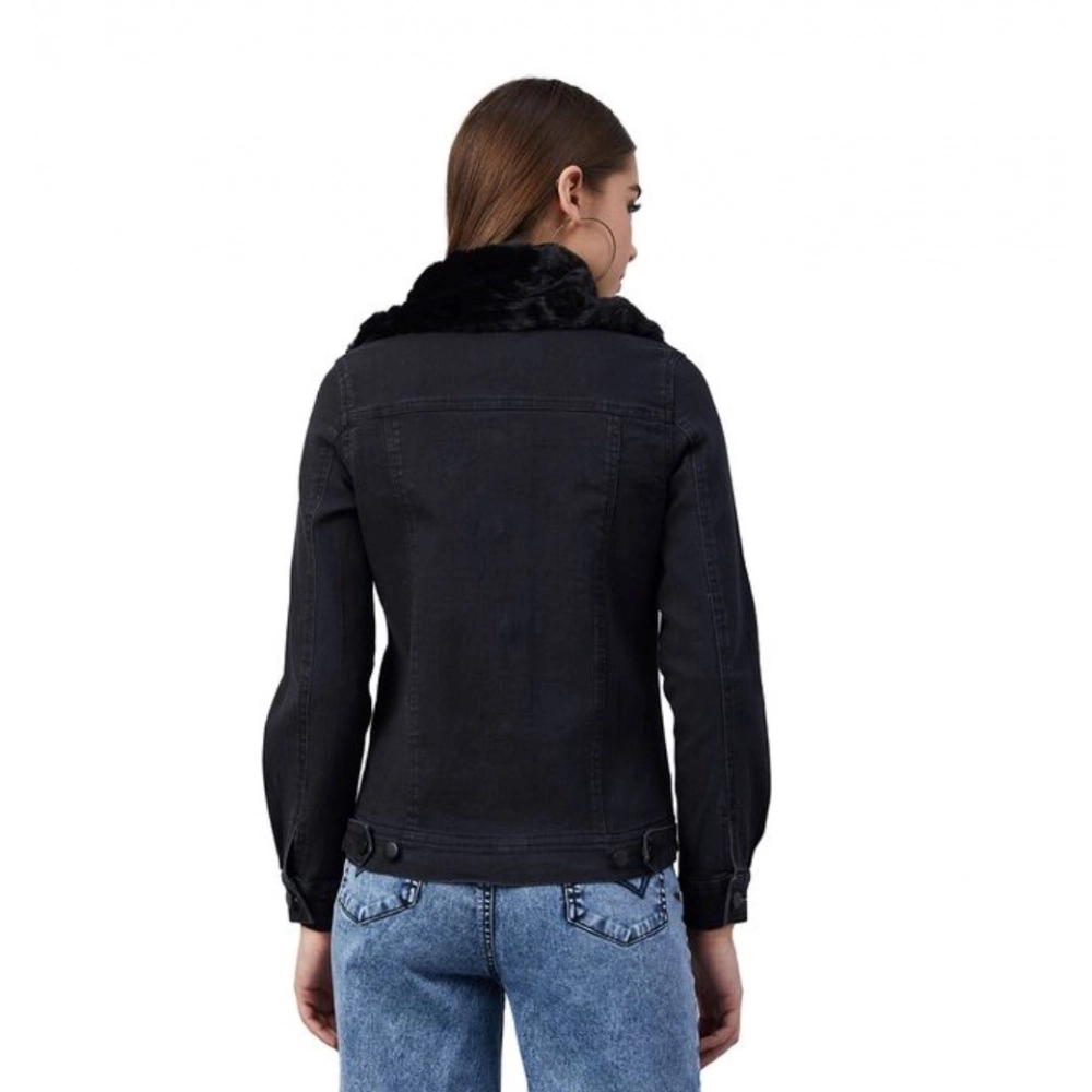 Generic Women's Denim & Faux Fur Washed Long Sleeve Jacket (Black) Generic Women's Denim & Faux Fur Washed Long Sleeve Jacket (Black)