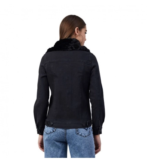 Generic Women's Denim & Faux Fur Washed Long Sleeve Jacket (Black)
