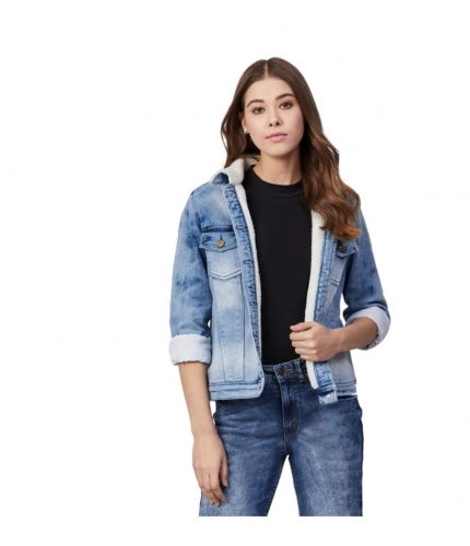 Generic Women's Denim Washed Long Sleeve Jacket (Blue)