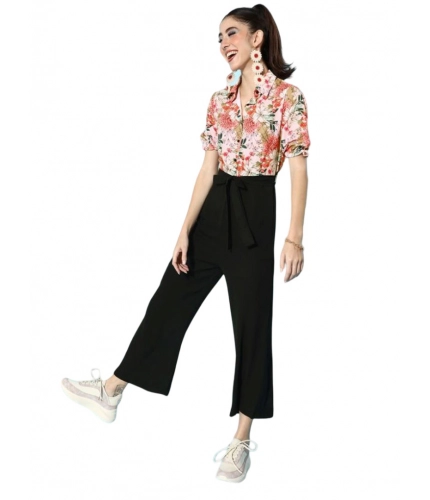 Generic Women's Polyester Printed 3/4th Sleeve Jumpsuit (Peach - Black)
