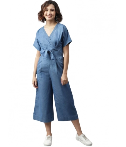 Generic Women's Denim Solid Half Sleeve Jumpsuit (Blue)