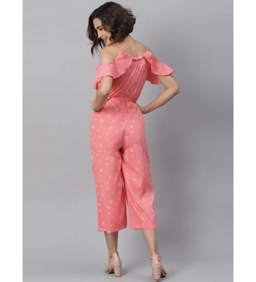 Generic Women's Polyester Floral Cold Shoulder Jumpsuit (Pink)