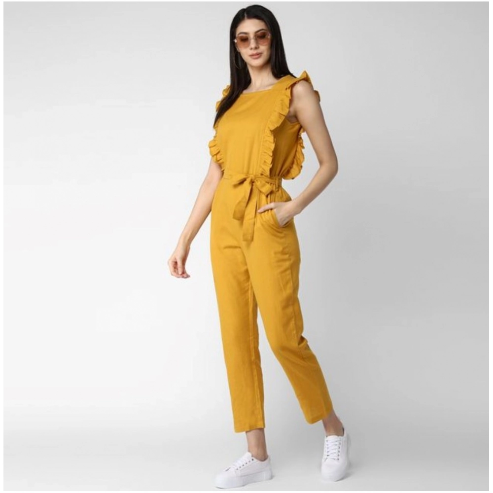 Generic Women's Cotton Linen Solid Sleeveless Jumpsuit (Yellow) Generic Women's Cotton Linen Solid Sleeveless Jumpsuit (Yellow)