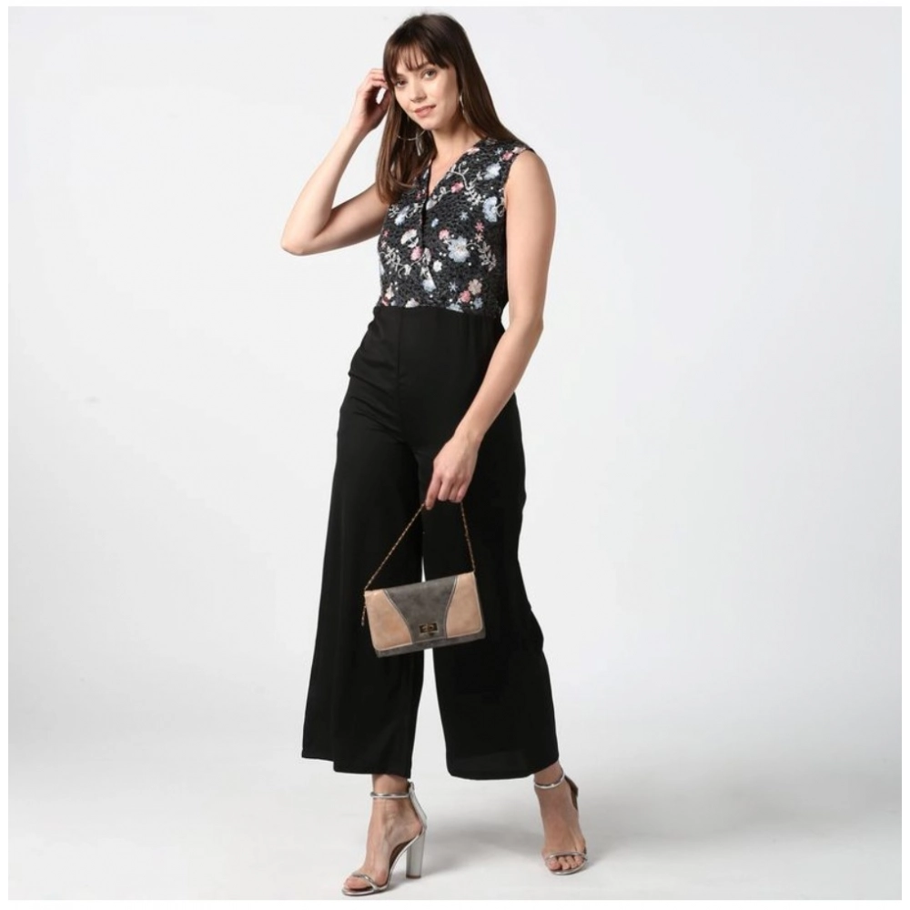 Generic Women's Polyester Embroidered Sleeveless Jumpsuit (Black) Generic Women's Polyester Embroidered Sleeveless Jumpsuit (Black)
