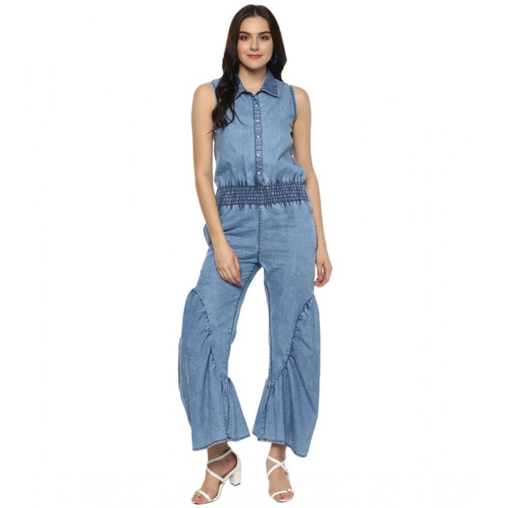 Generic Women's Denim Solid Sleeveless Jumpsuit (Blue) Generic Women's Denim Solid Sleeveless Jumpsuit (Blue)