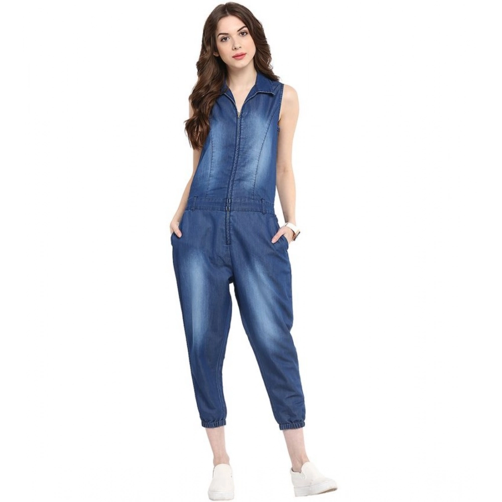 Generic Women's Denim Solid Sleeveless Jumpsuit (Blue) Generic Women's Denim Solid Sleeveless Jumpsuit (Blue)