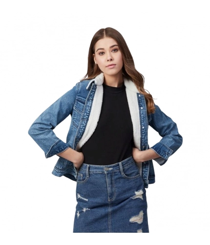 Generic Women's Denim Washed Long Sleeve Jacket (Blue)