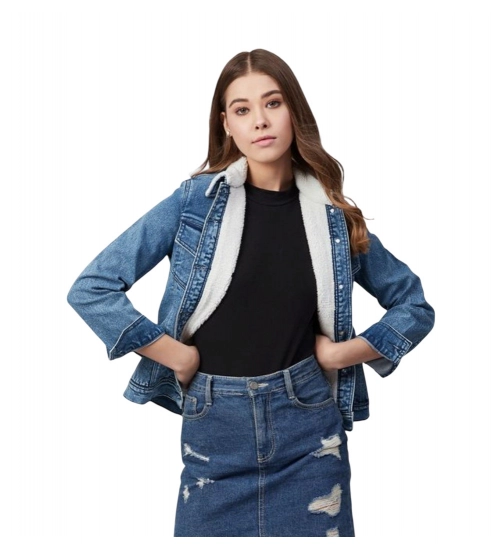 Generic Women's Denim Washed Long Sleeve Jacket (Blue)