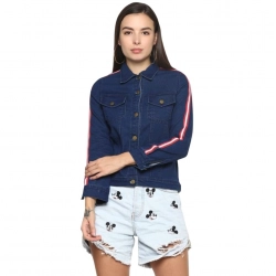 Generic Women's Denim Taping Long Sleeve Jacket (Blue)