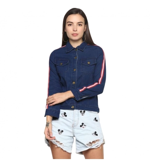 Generic Women's Denim Taping Long Sleeve Jacket (Blue)