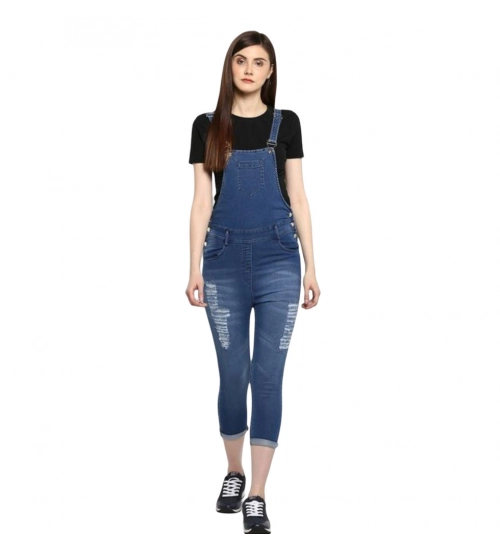 Generic Women's Denim Solid Dungaree Pant (Blue)