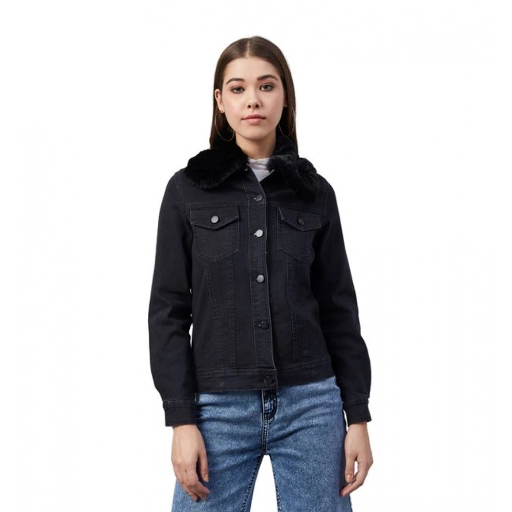 Generic Women's Denim & Faux Fur Washed Long Sleeve Jacket (Black) Generic Women's Denim & Faux Fur Washed Long Sleeve Jacket (Black)