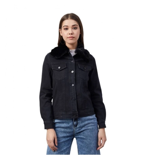 Generic Women's Denim & Faux Fur Washed Long Sleeve Jacket (Black)
