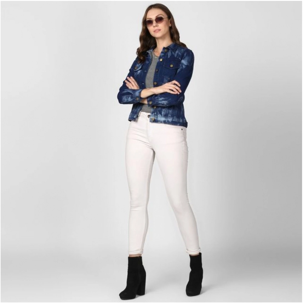 Generic Women's Denim Washed Long Sleeve Jacket (Blue)
