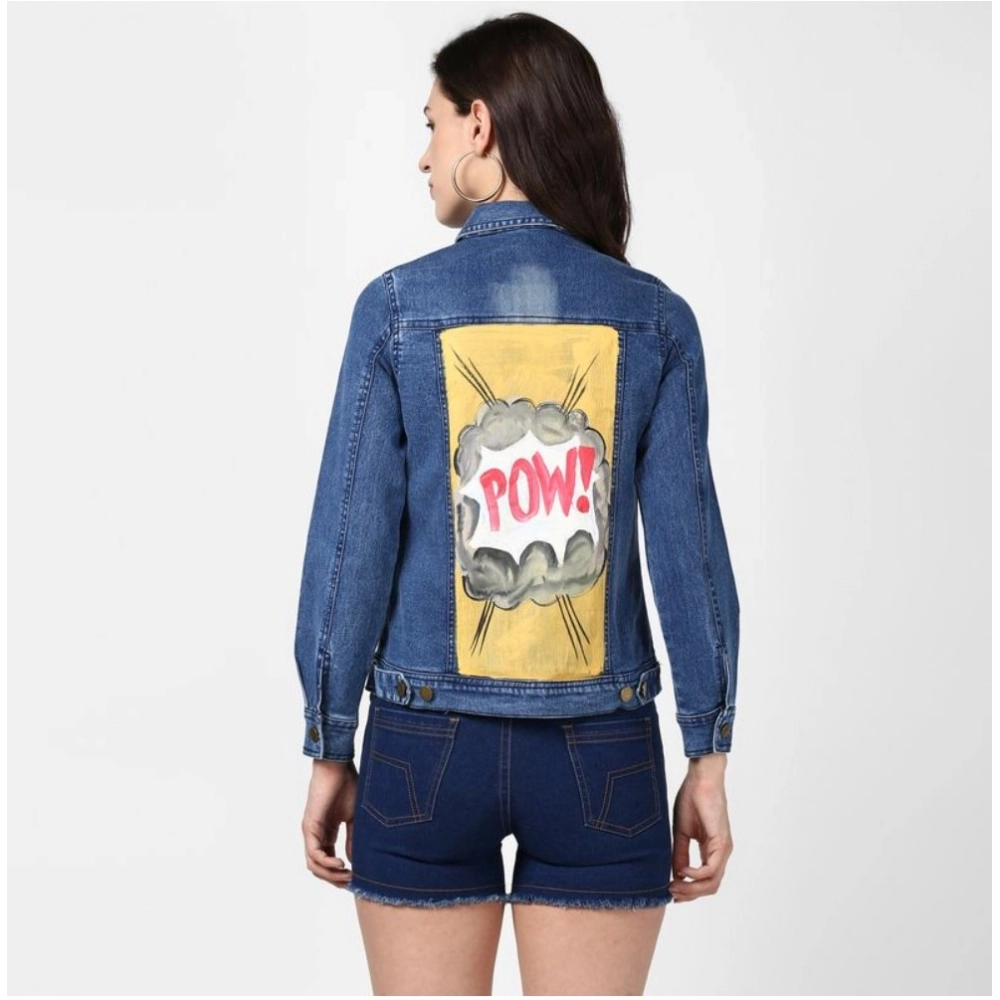 Generic Women's Denim Hand Painted Long Sleeve Jacket (Blue) Generic Women's Denim Hand Painted Long Sleeve Jacket (Blue)