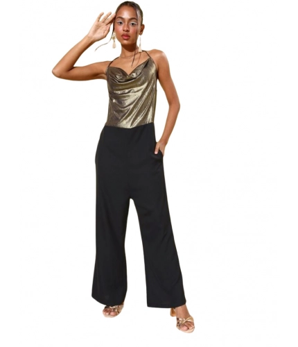 Generic Women's Polyester Embellished Sleeveless Jumpsuit (Gold)