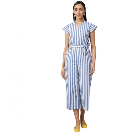 Generic Women's Cotton-Polyester Blend Striped Short Sleeve Jumpsuit (Blue)
