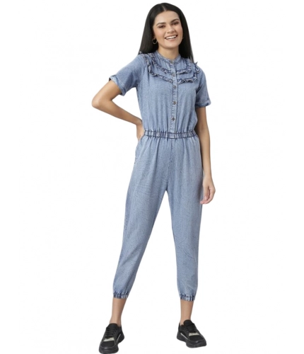 Generic Women's Denim Self Design Tie Ups Jumpsuit (Blue)