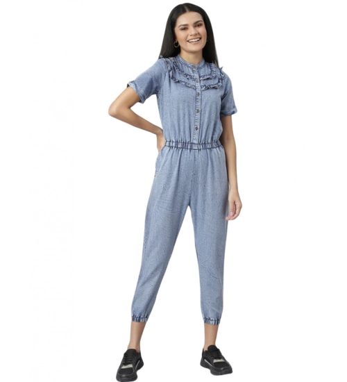 Generic Women's Denim Self Design Tie Ups Jumpsuit (Blue)