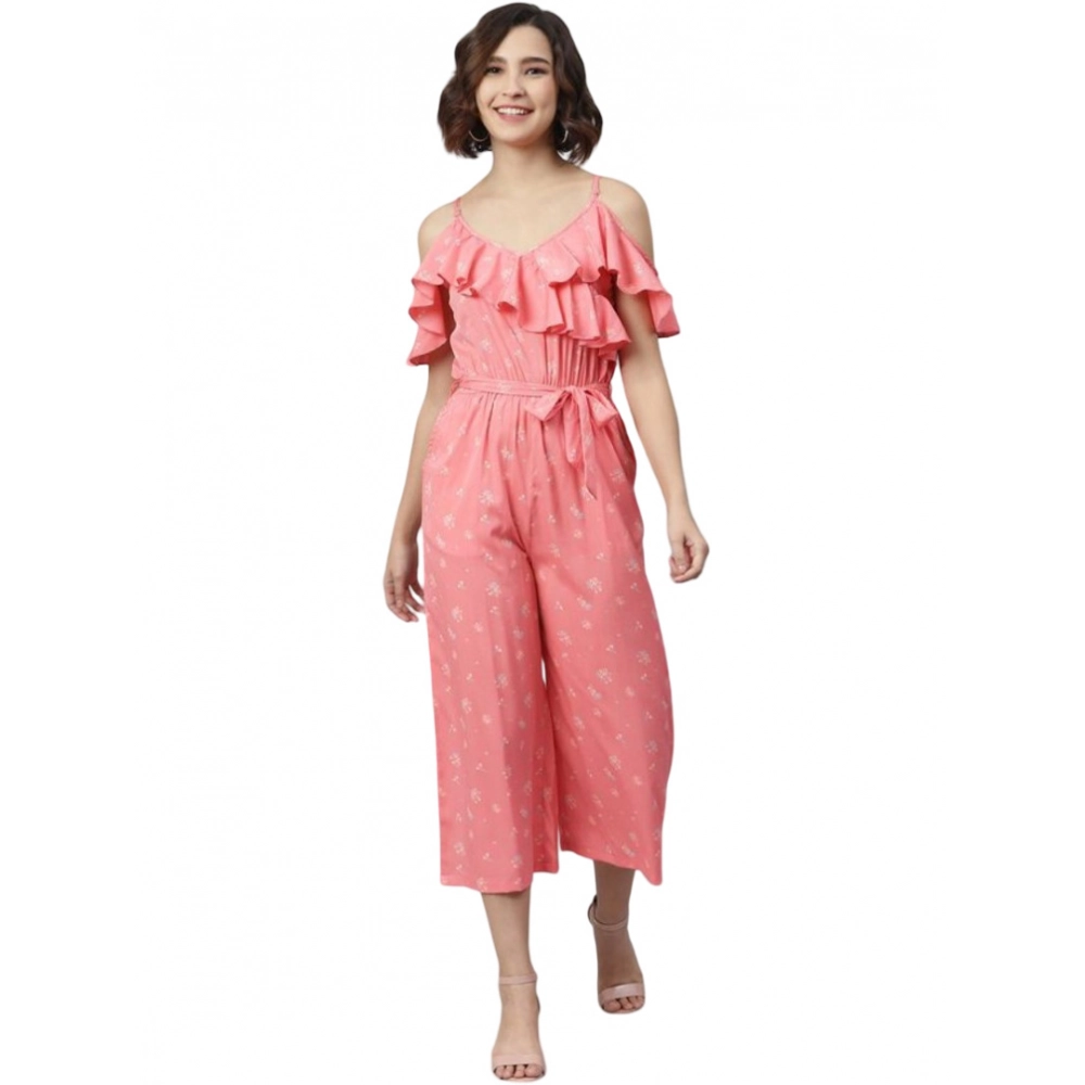 Generic Women's Polyester Floral Cold Shoulder Jumpsuit (Pink) Generic Women's Polyester Floral Cold Shoulder Jumpsuit (Pink)