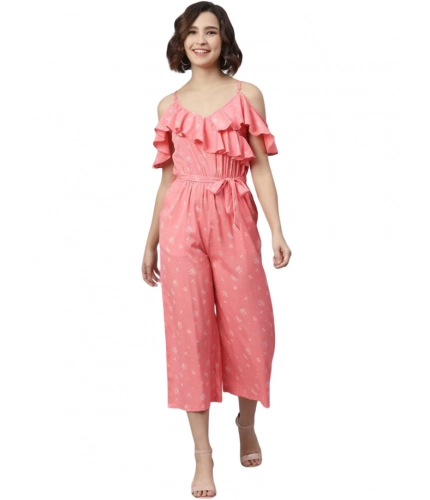 Generic Women's Polyester Floral Cold Shoulder Jumpsuit (Pink)