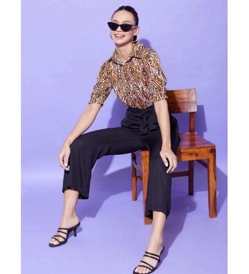 Generic Women's Polyester Animal Print Half Sleeve Jumpsuit (Orange - Black)